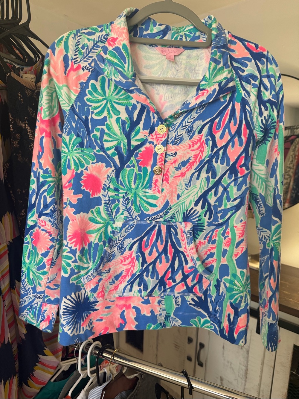 Lilly Pulitzer Blue Pink Green Tropical Henley Pullover